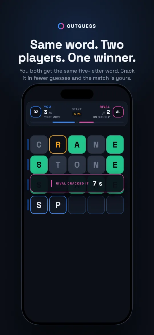 A Classic match: both players' progress at the top, your guesses CRANE and STONE in green, gold and slate tiles, and a pink strip reading 'Rival cracked it, 7 seconds'.