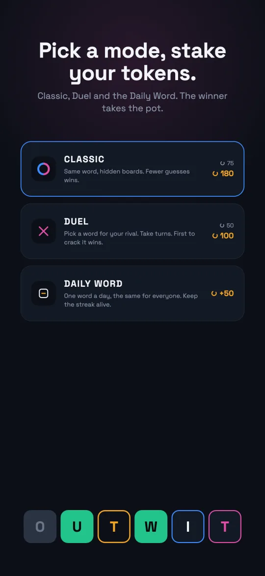 The mode picker: Classic, Duel and Daily Word cards, each with its token stake and payout.